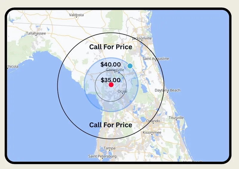 Delivery radius map of North Central Florida showing three pricing zones around Williston: $35 within 25 miles, $40 within 40 miles, and call for price beyond 40 miles. Cities shown include Ocala, Gainesville, and surrounding areas.